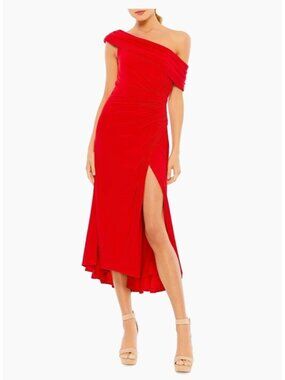 Mac Duggal Size 12 Red 26484 Ruched One-Shoulder Jersey Midi Cocktail Dress